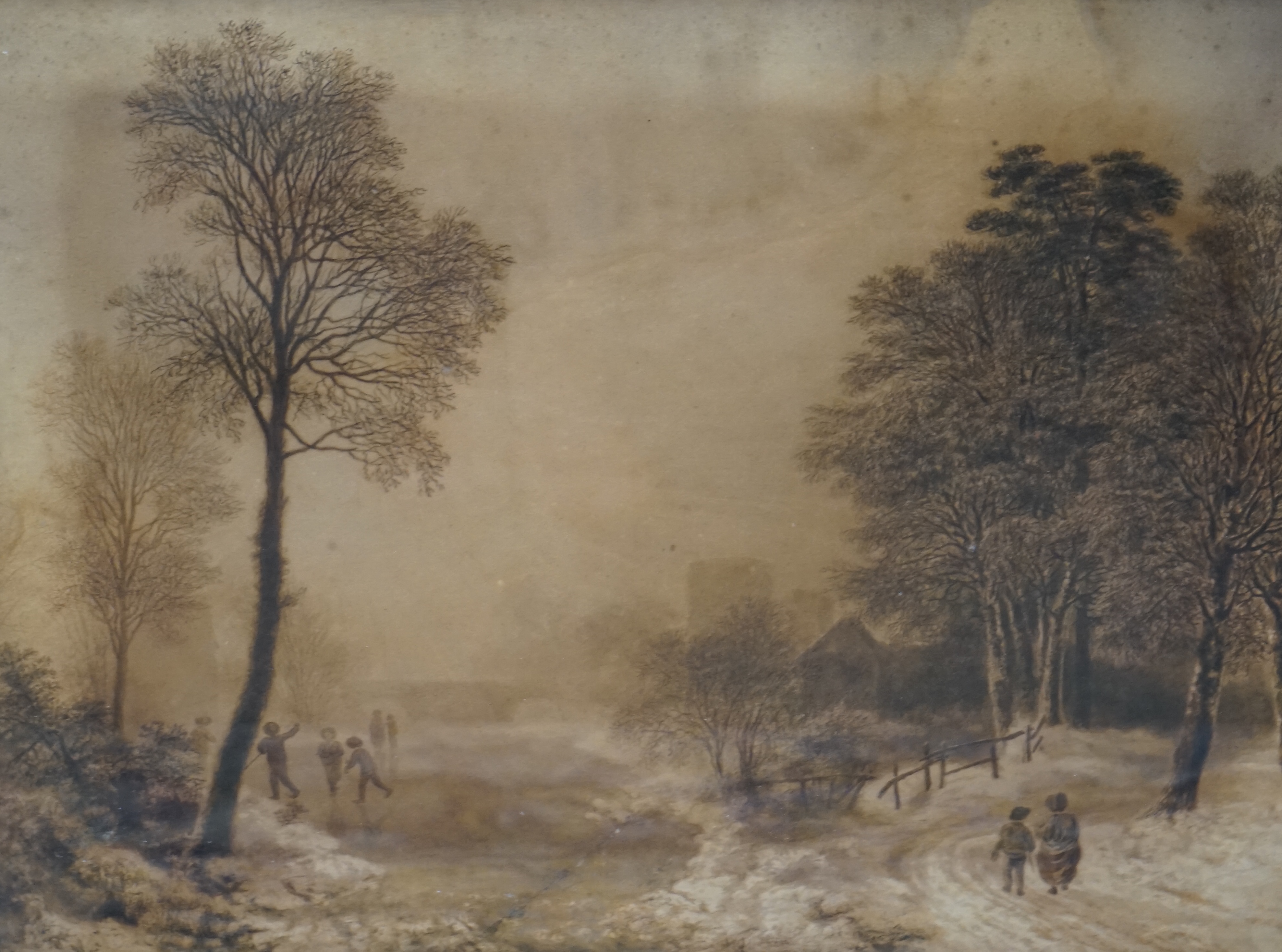 Attributed to Joshua Wallis (1789-1862), ink and wash, Winter scene with figures skating, inscribed Victoria and Albert Museum 464 FA verso, 33 x 44cm. Condition - poor to fair, discolouration